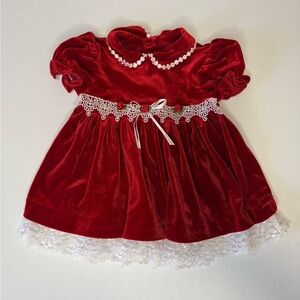 Youngland Red Velvet Baby Dress Lace Trim Holiday Christmas Vintage Style